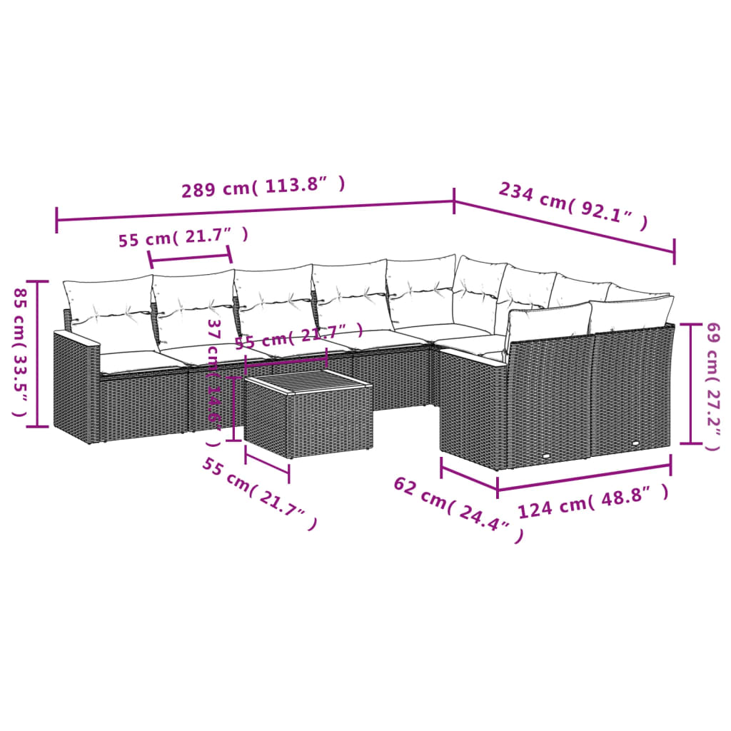 10-tlg. Garten-Sofagarnitur mit Kissen Grau Poly Rattan