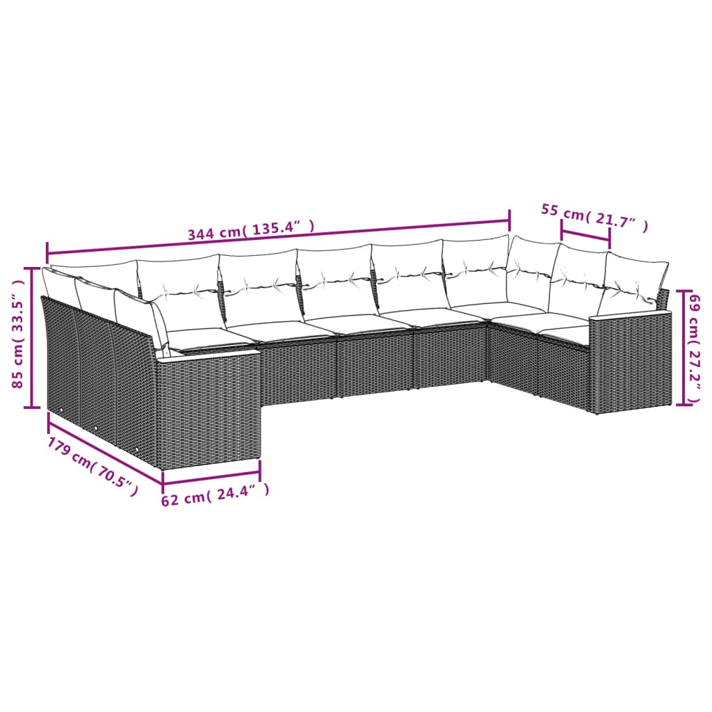 10-tlg. Garten-Sofagarnitur mit Kissen Schwarz Poly Rattan