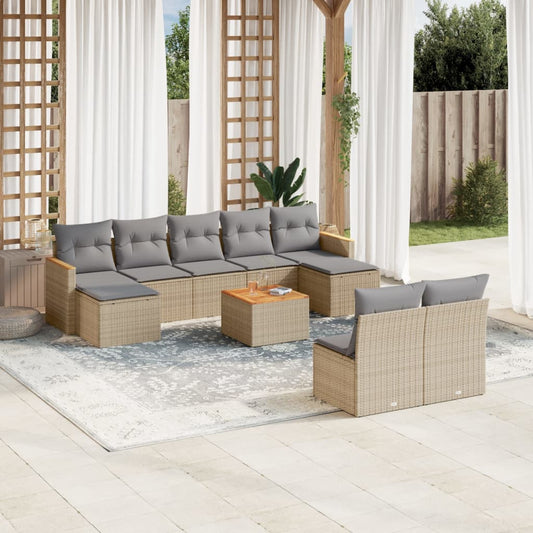 10-tlg. Garten-Sofagarnitur mit Kissen Beige Poly Rattan