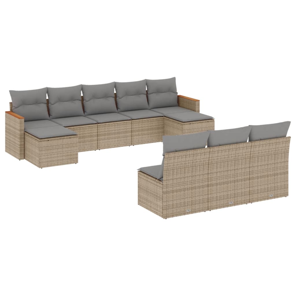 10-tlg. Garten-Sofagarnitur mit Kissen Beige Poly Rattan