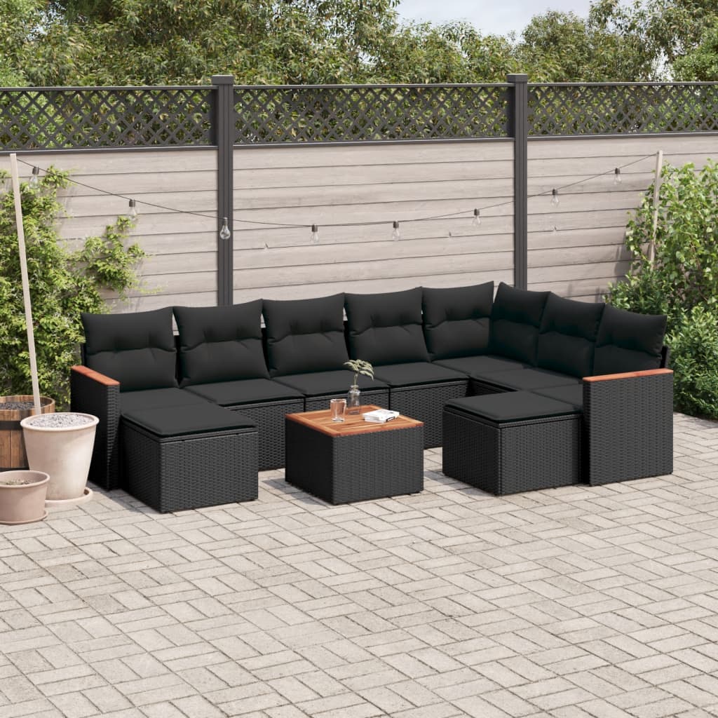 10-tlg. Garten-Sofagarnitur mit Kissen Schwarz Poly Rattan