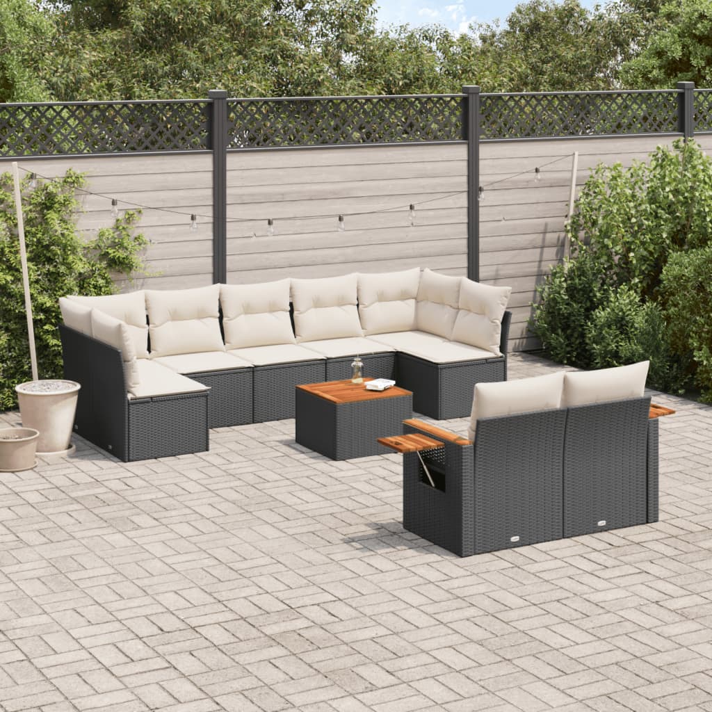 10-tlg. Garten-Sofagarnitur mit Kissen Schwarz Poly Rattan