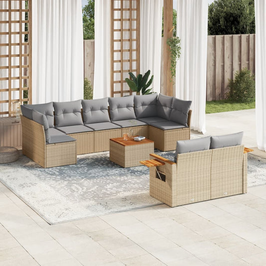 10-tlg. Garten-Sofagarnitur mit Kissen Beige Poly Rattan