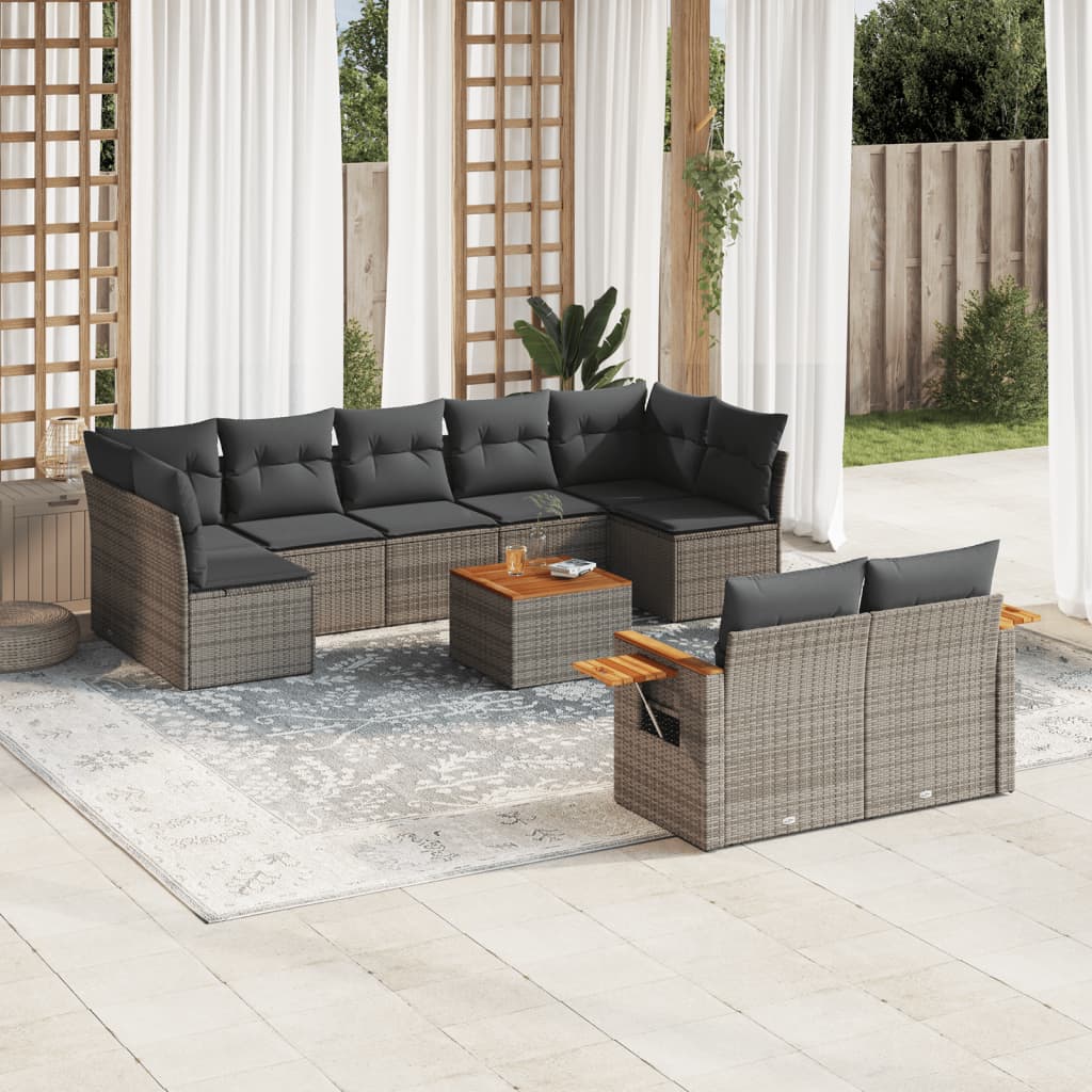 10-tlg. Garten-Sofagarnitur mit Kissen Grau Poly Rattan