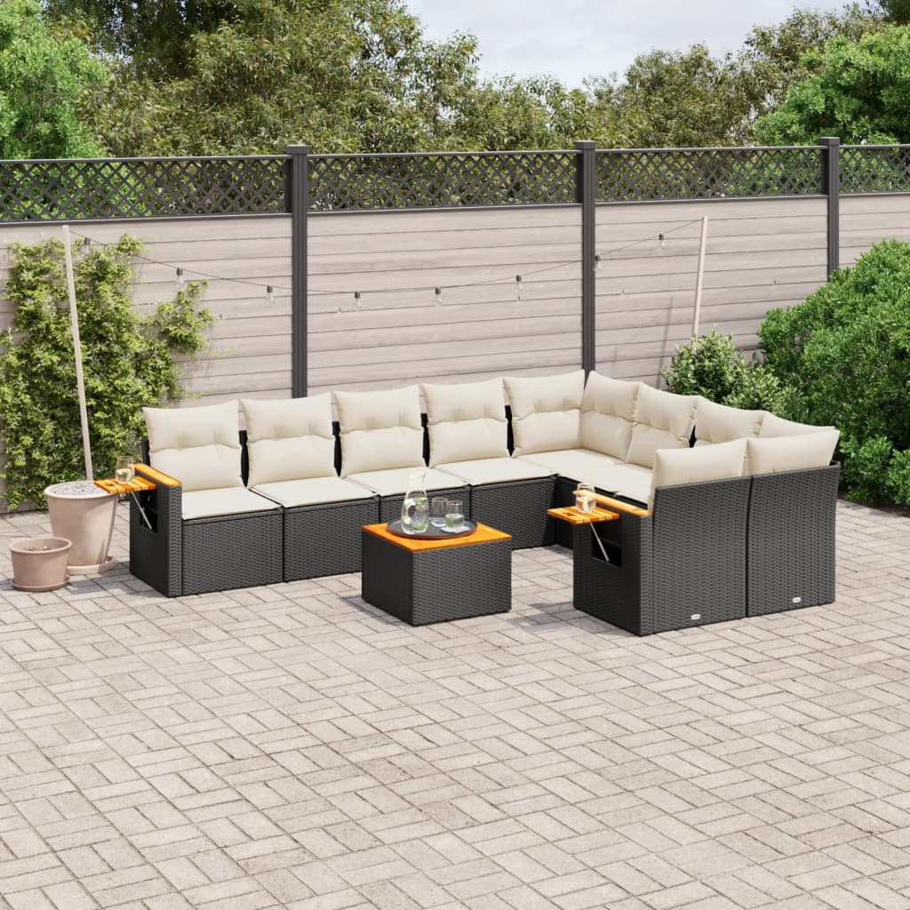 10-tlg. Garten-Sofagarnitur mit Kissen Schwarz Poly Rattan