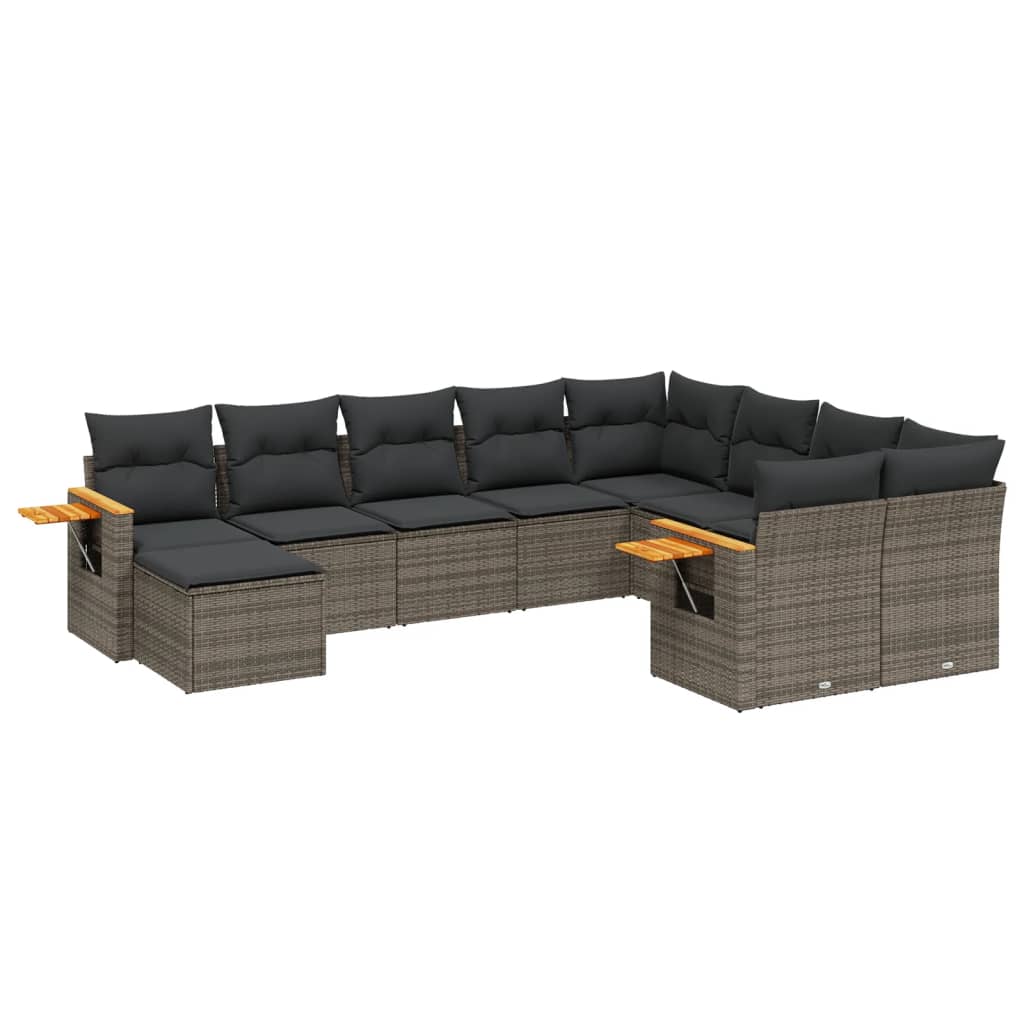 10-tlg. Garten-Sofagarnitur mit Kissen Grau Poly Rattan