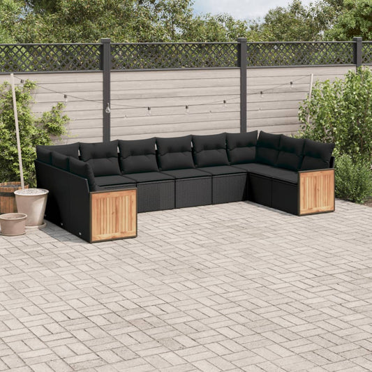 10-tlg. Garten-Sofagarnitur mit Kissen Schwarz Poly Rattan