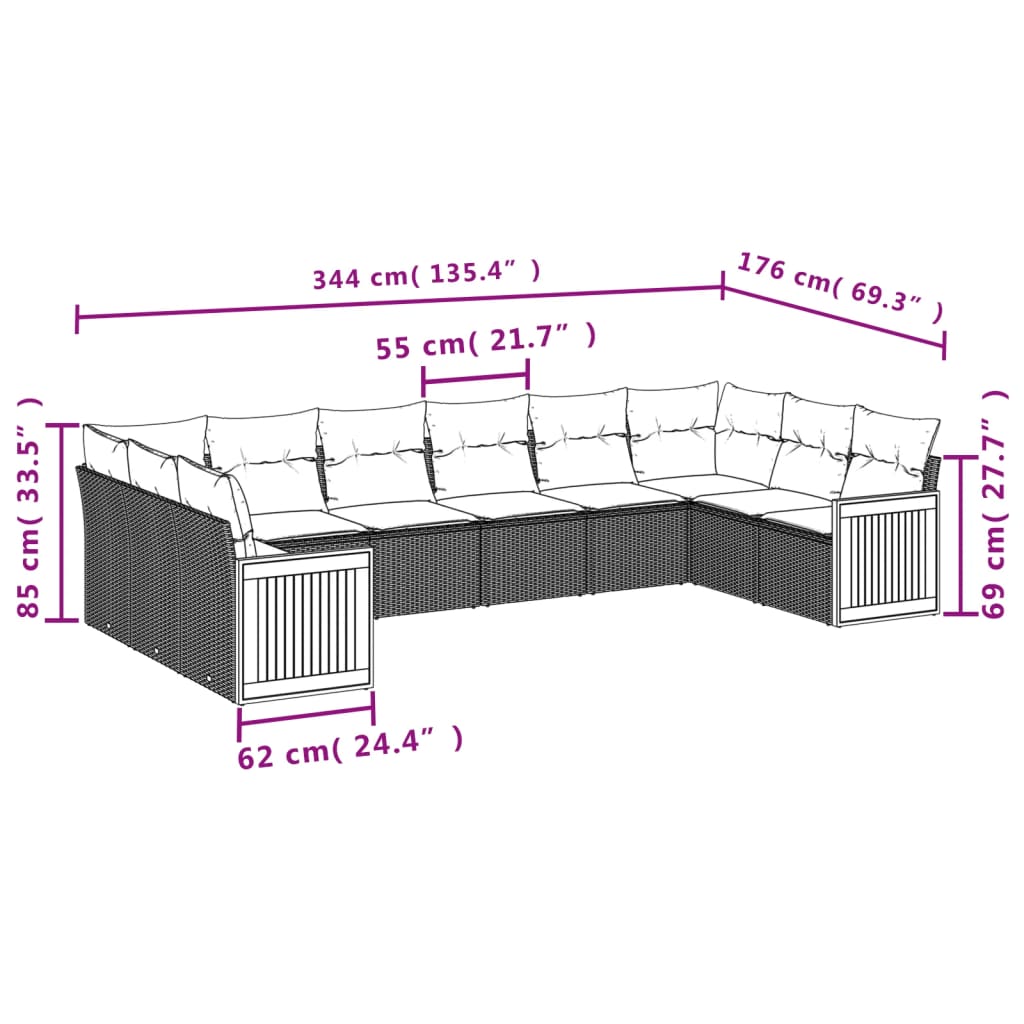 10-tlg. Garten-Sofagarnitur mit Kissen Beige Poly Rattan