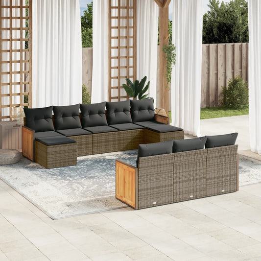 10-tlg. Garten-Sofagarnitur mit Kissen Grau Poly Rattan