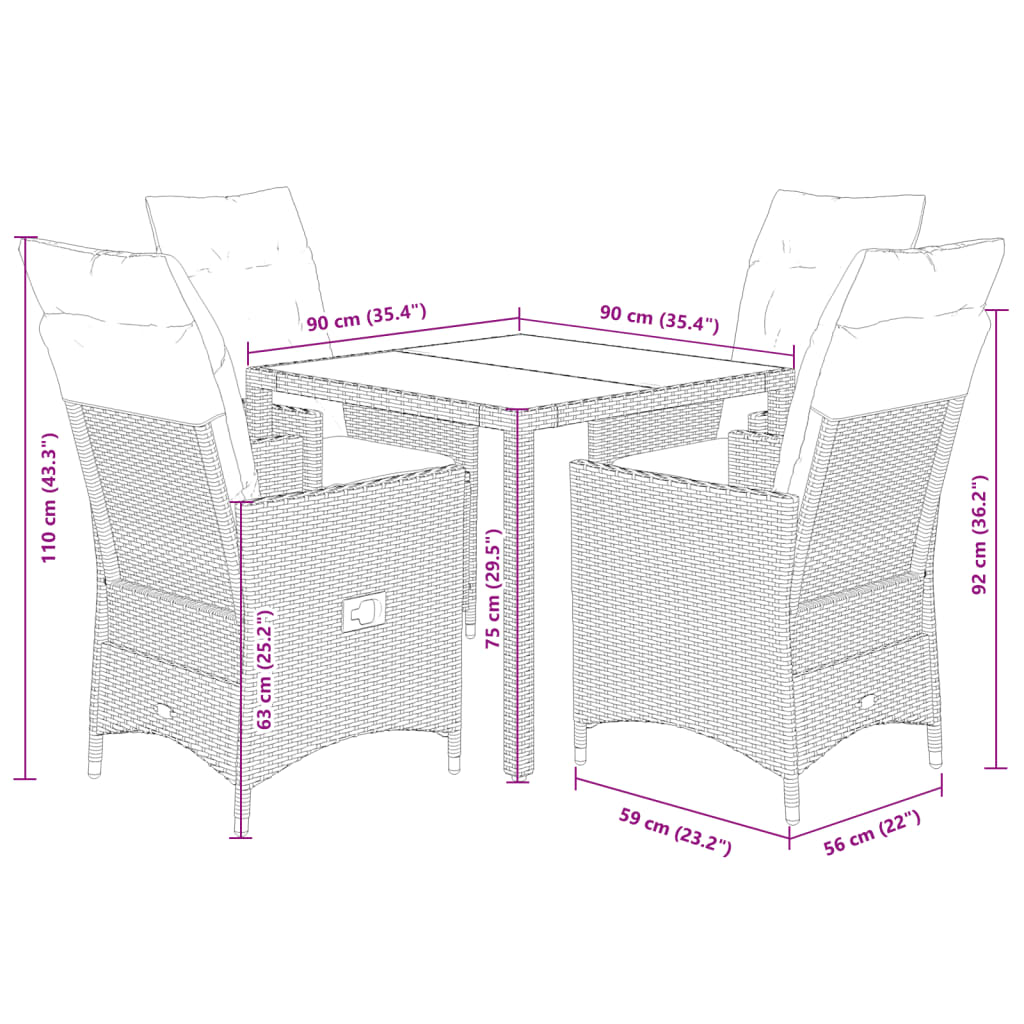 5-tlg. Garten-Essgruppe mit Kissen Schwarz Poly Rattan