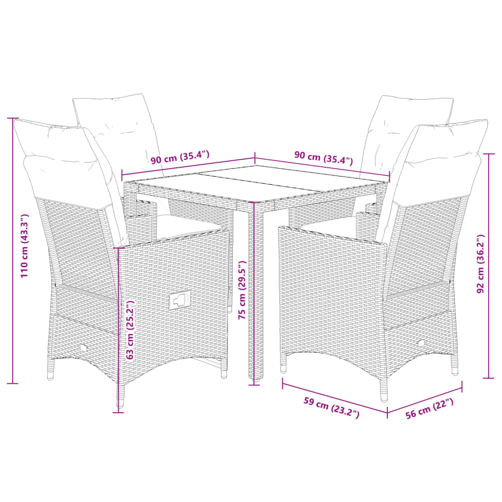 5-tlg. Garten-Essgruppe mit Kissen Schwarz Poly Rattan