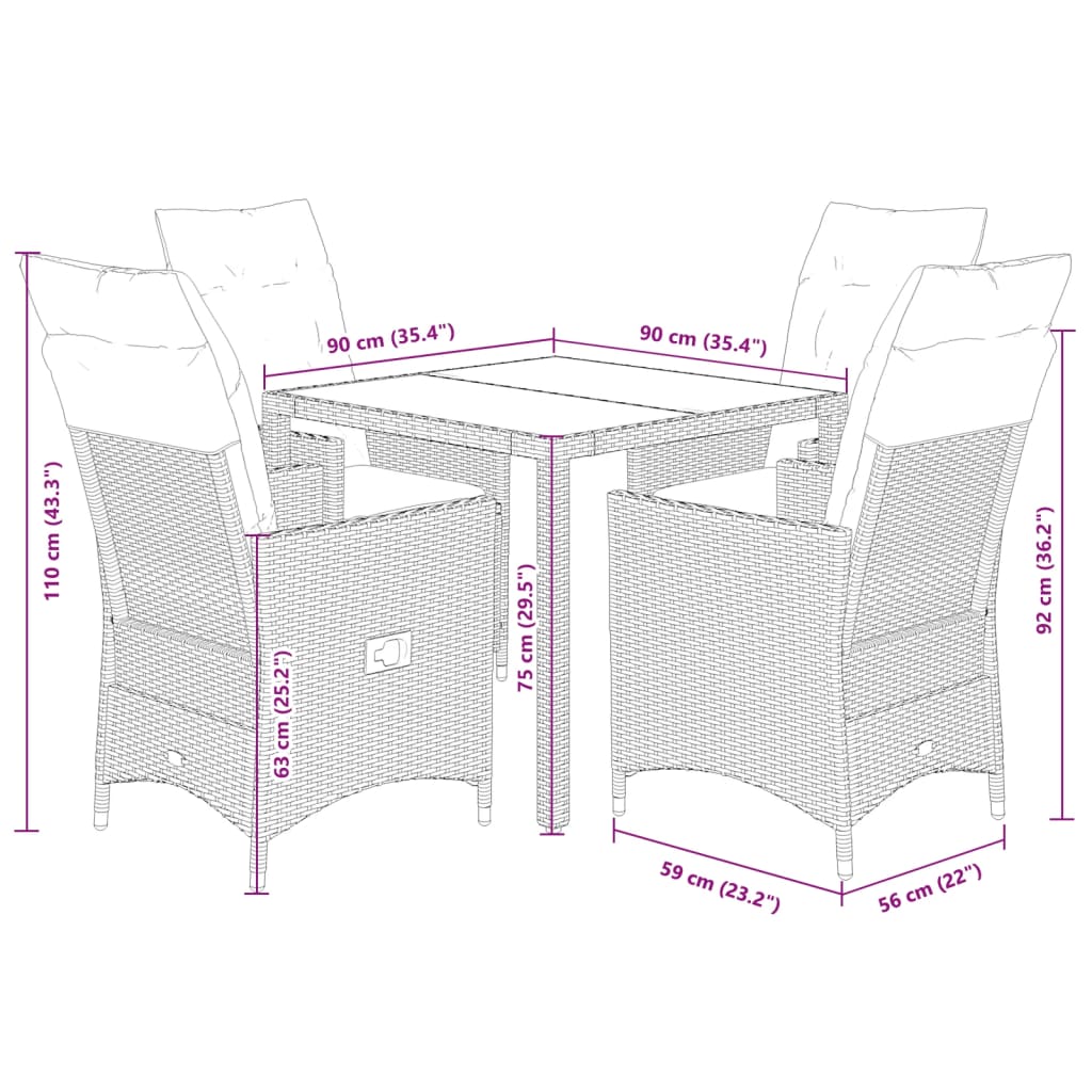 5-tlg. Garten-Essgruppe mit Kissen Schwarz Poly Rattan