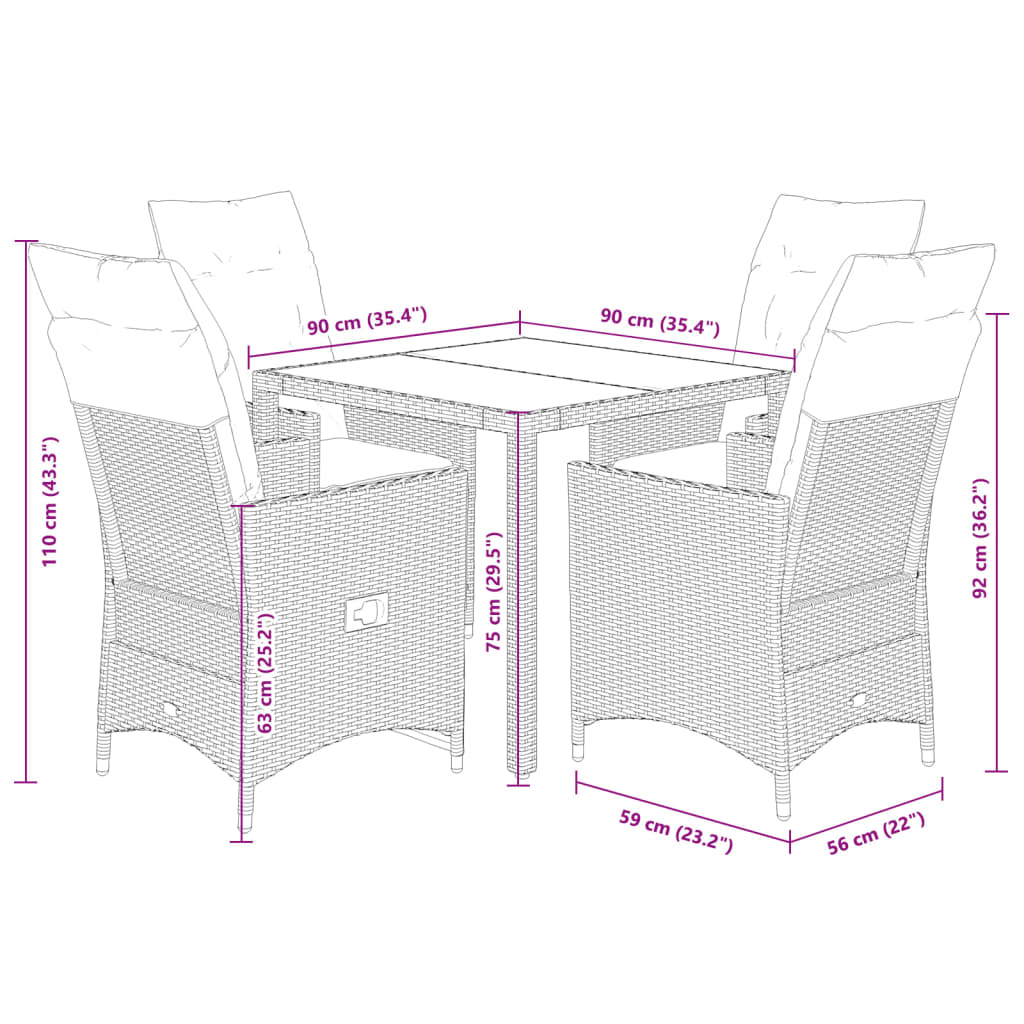 5-tlg. Garten-Essgruppe mit Kissen Schwarz Poly Rattan