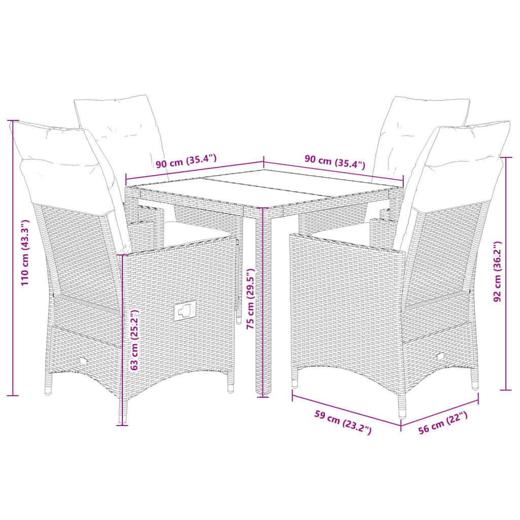 5-tlg. Garten-Essgruppe mit Kissen Braun Poly Rattan