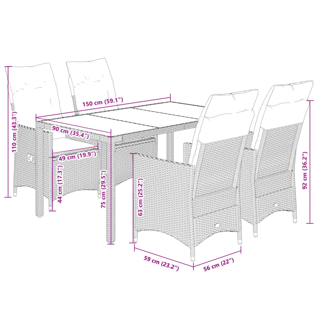 5-tlg. Garten-Essgruppe mit Kissen Braun Poly Rattan