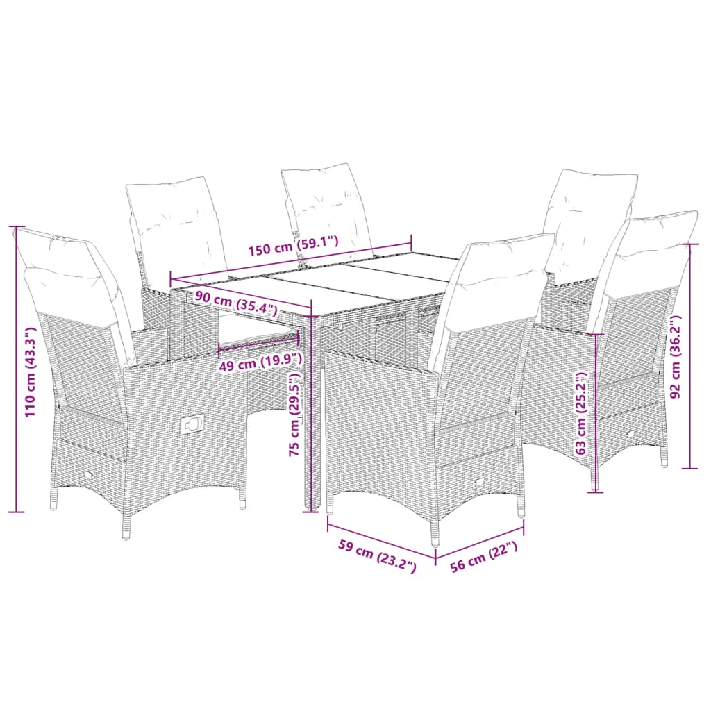 7-tlg. Garten-Essgruppe mit Kissen Braun Poly Rattan