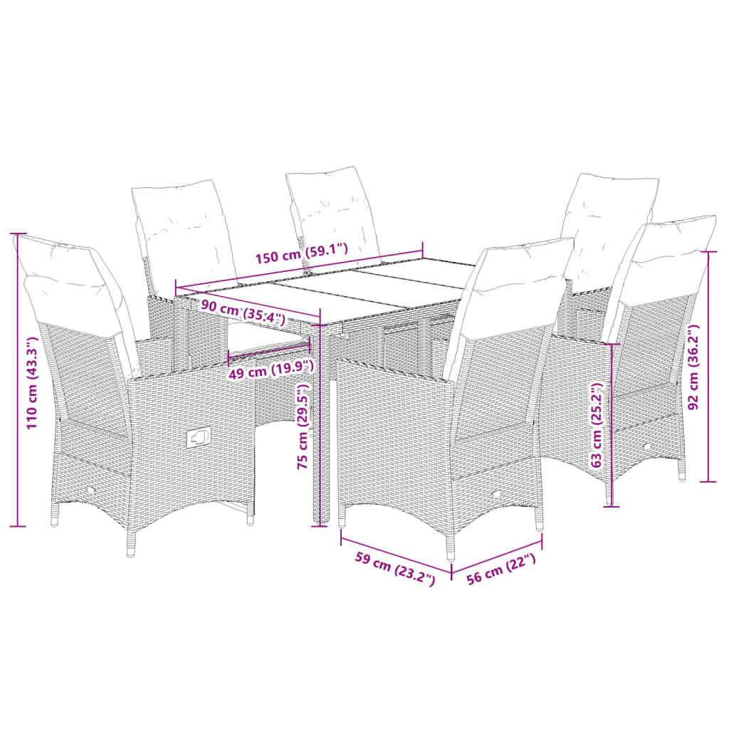 7-tlg. Garten-Essgruppe mit Kissen Braun Poly Rattan