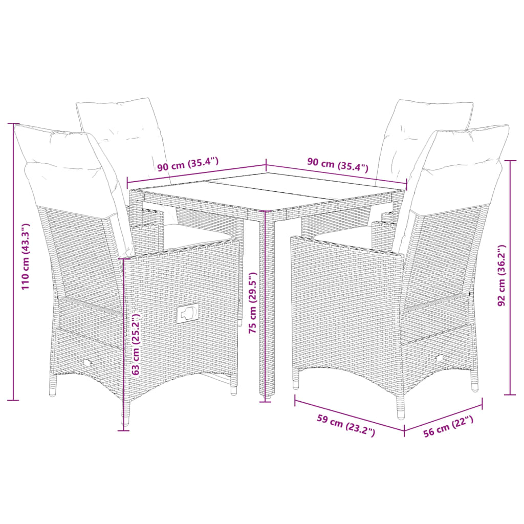 5-tlg. Garten-Essgruppe mit Kissen Beige Poly Rattan