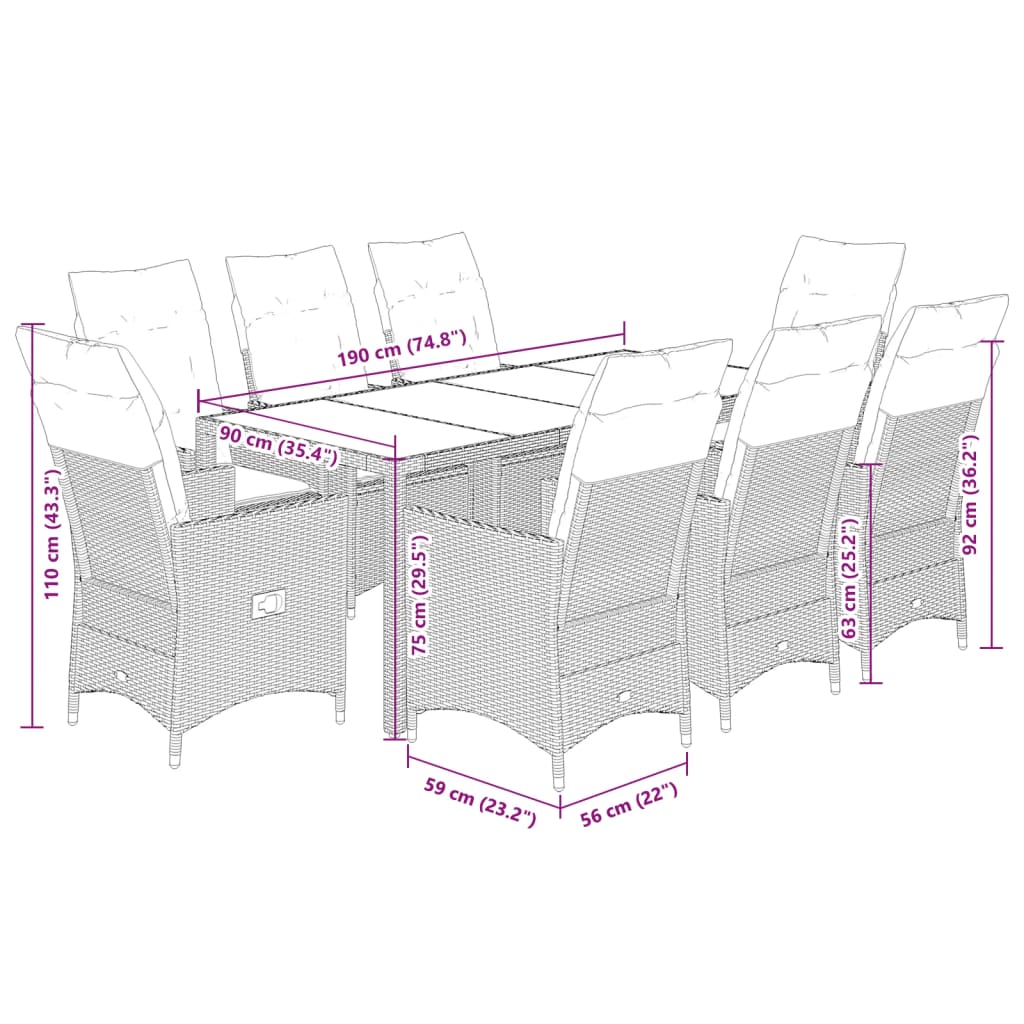 9-tlg. Garten-Essgruppe mit Kissen Beige Poly Rattan