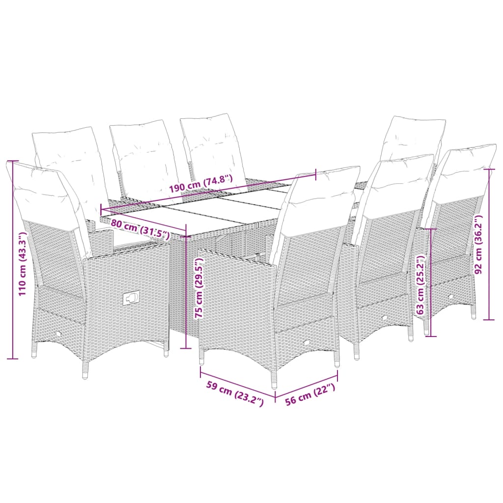 9-tlg. Garten-Essgruppe mit Kissen Beige Poly Rattan