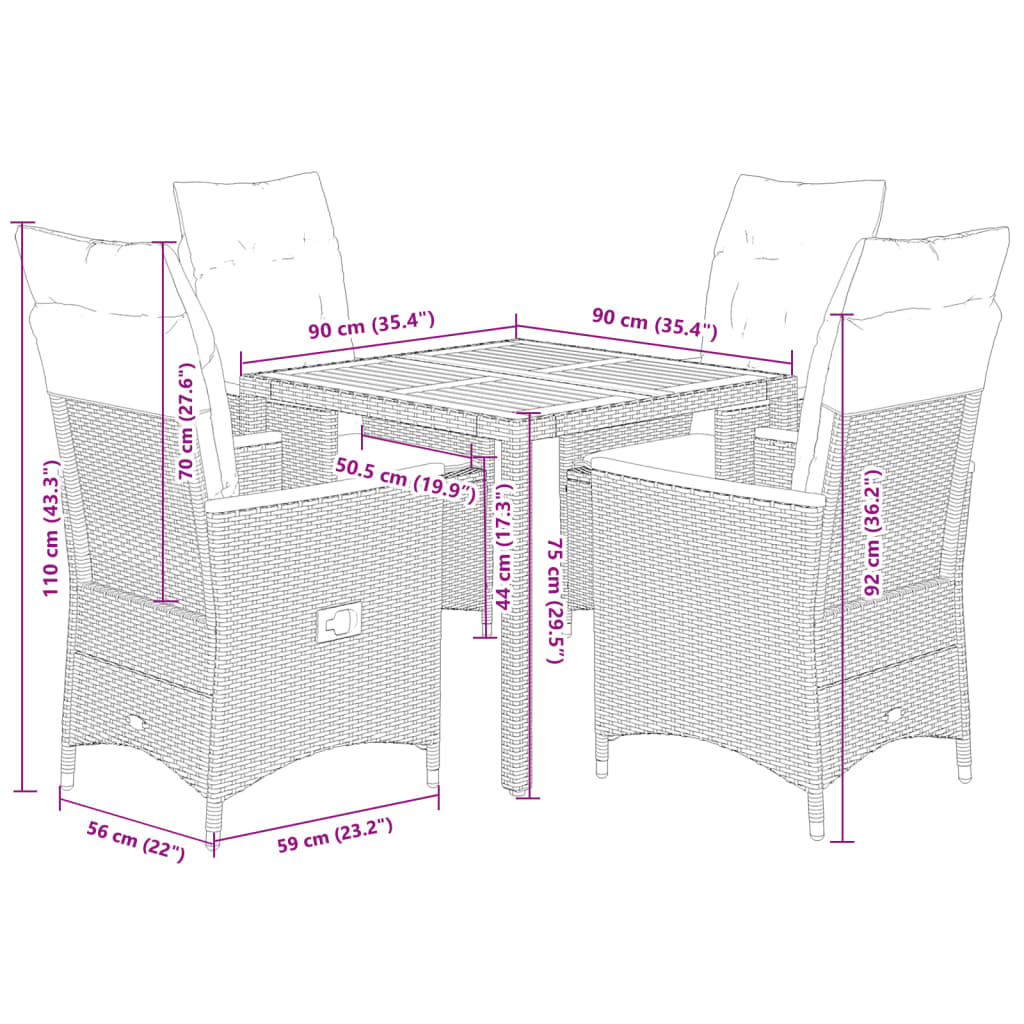 5-tlg. Garten-Essgruppe mit Kissen Schwarz Poly Rattan