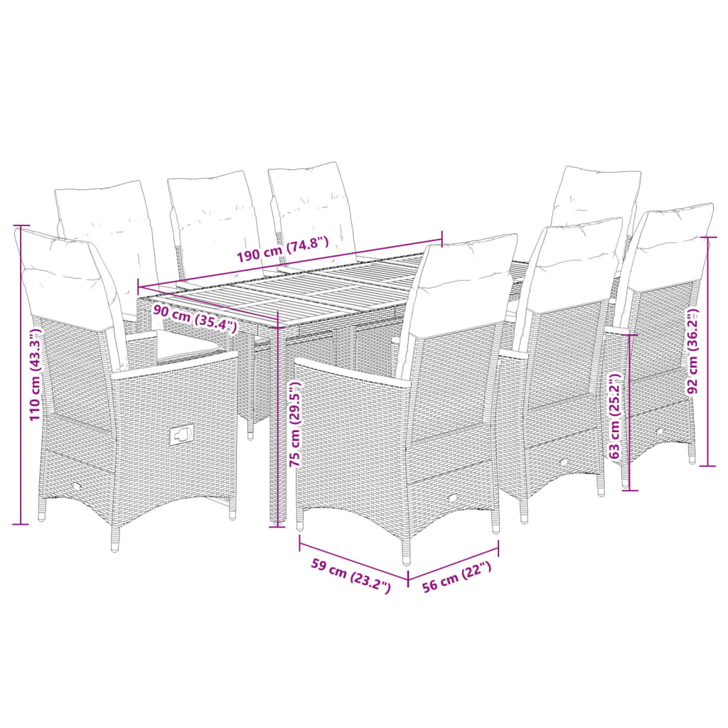 9-tlg. Garten-Essgruppe mit Kissen Schwarz Poly Rattan