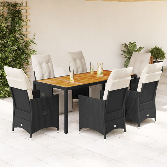 7-tlg. Garten-Essgruppe mit Kissen Schwarz Poly Rattan