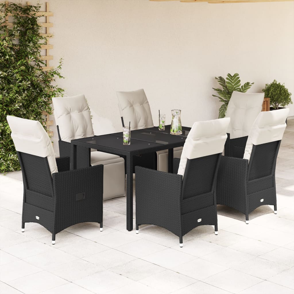 7-tlg. Garten-Essgruppe mit Kissen Schwarz Poly Rattan