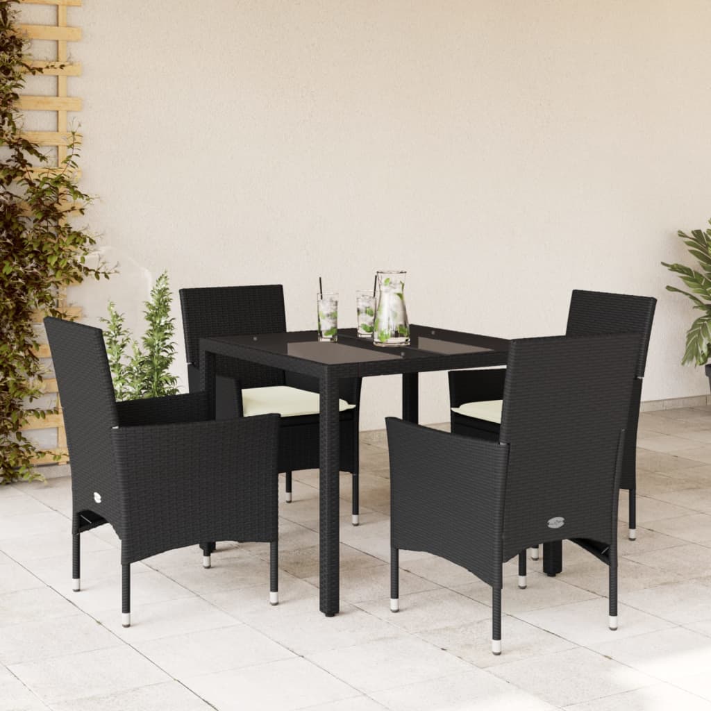 5-tlg. Garten-Essgruppe mit Kissen Schwarz Poly Rattan und Glas