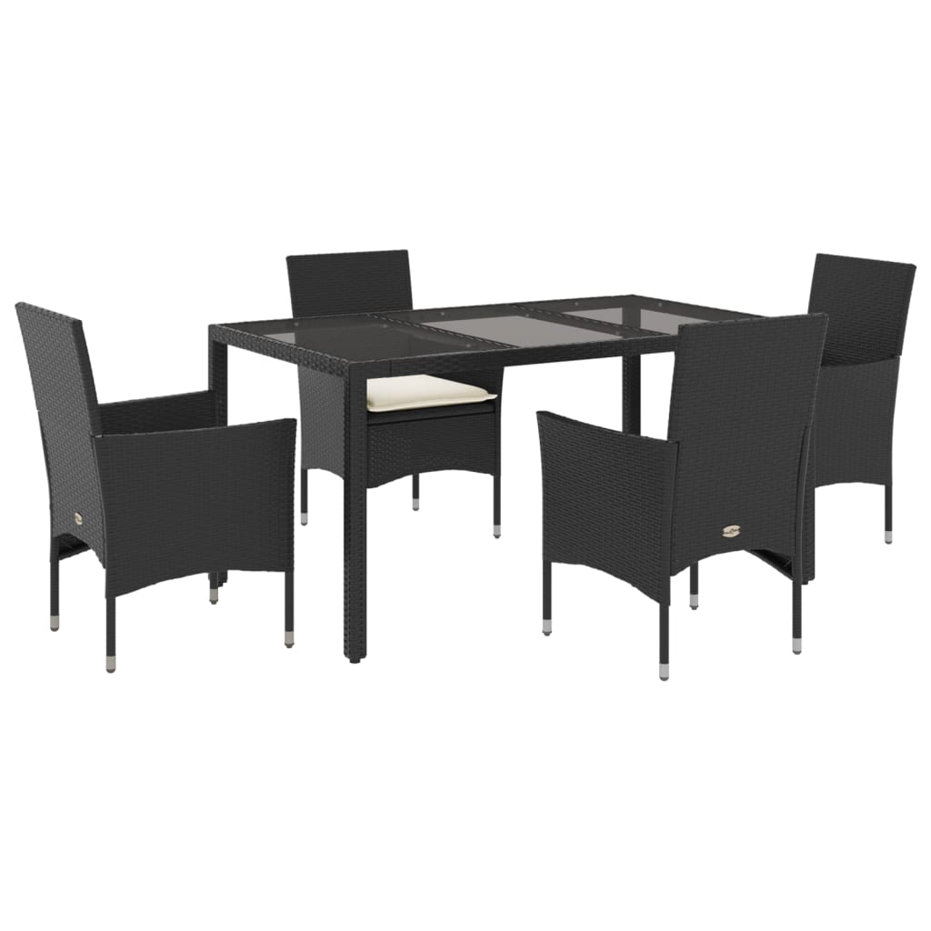 5-tlg. Garten-Essgruppe mit Kissen Schwarz Poly Rattan und Glas