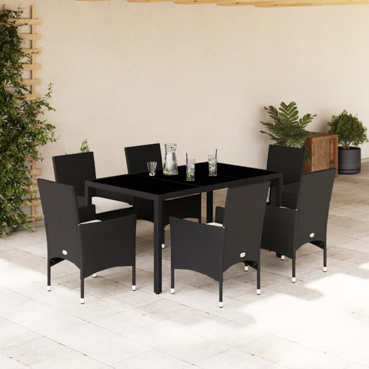 7-tlg. Garten-Essgruppe mit Kissen Schwarz Poly Rattan Glas