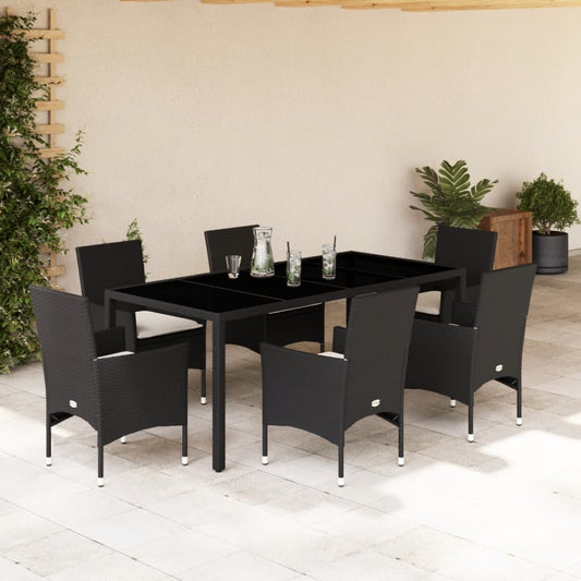 7-tlg. Garten-Essgruppe mit Kissen Schwarz Poly Rattan Glas