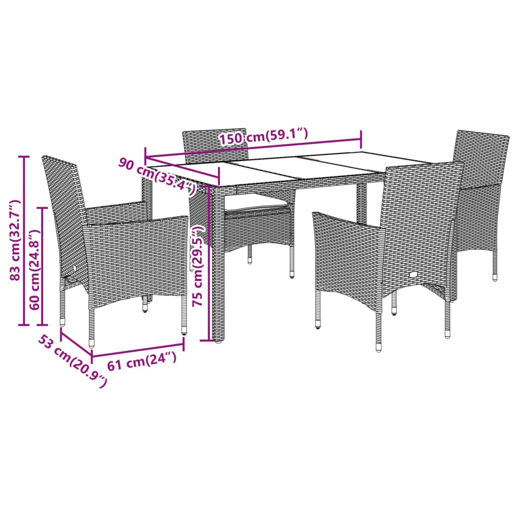 5-tlg. Garten-Essgruppe mit Kissen Schwarz Poly Rattan und Glas