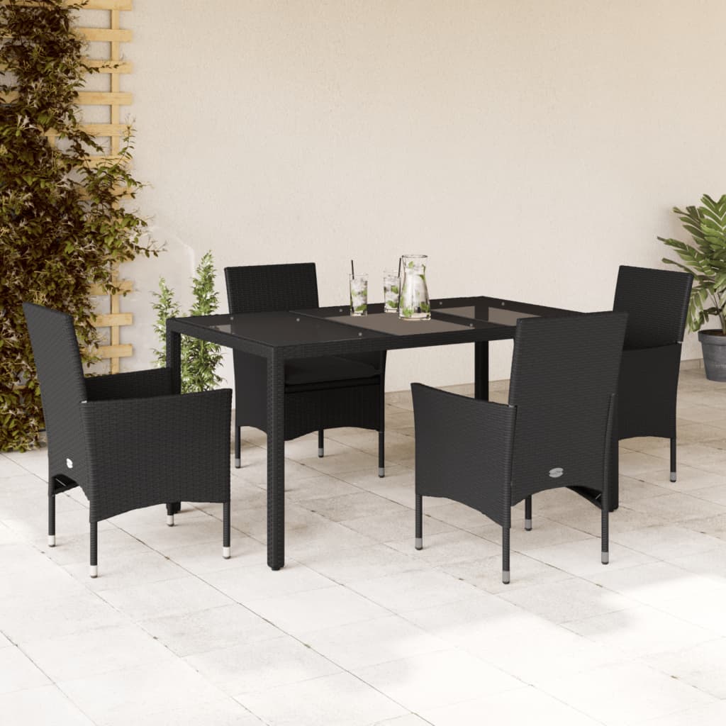 5-tlg. Garten-Essgruppe mit Kissen Schwarz Poly Rattan und Glas