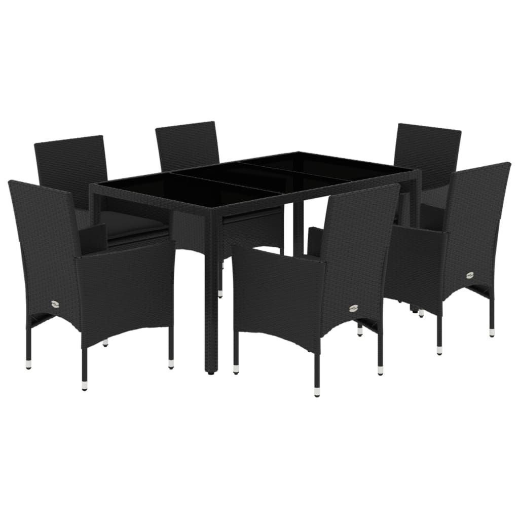 7-tlg. Garten-Essgruppe mit Kissen Schwarz Poly Rattan Glas