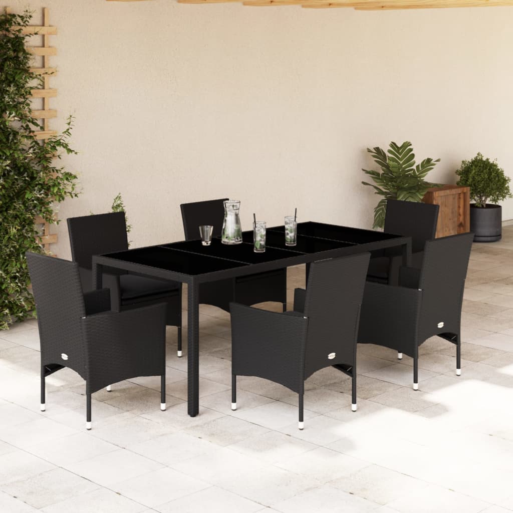 7-tlg. Garten-Essgruppe mit Kissen Schwarz Poly Rattan Glas