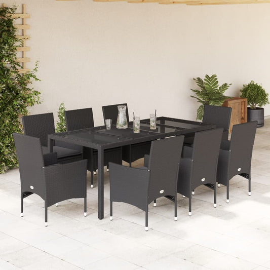 9-tlg. Garten-Essgruppe mit Kissen Schwarz Poly Rattan und Glas