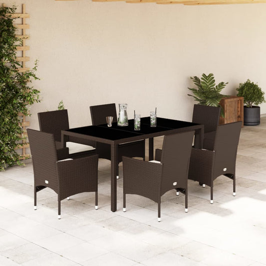 7-tlg. Garten-Essgruppe mit Kissen Braun Poly Rattan und Glas