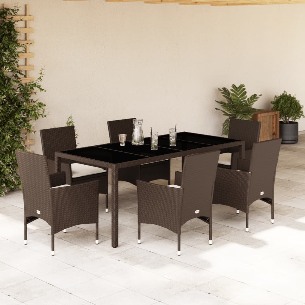 7-tlg. Garten-Essgruppe mit Kissen Braun Poly Rattan und Glas