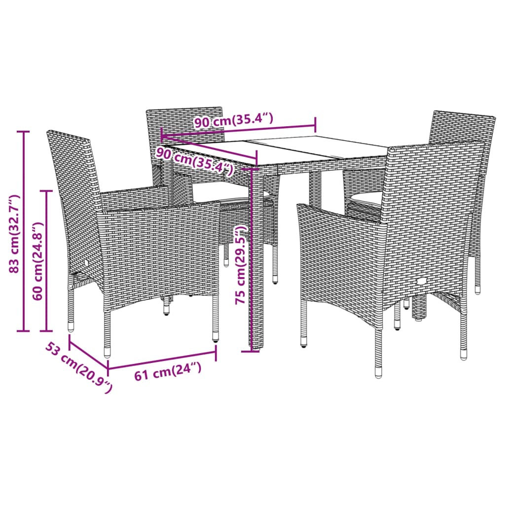 5-tlg. Garten-Essgruppe mit Kissen Grau Poly Rattan und Glas