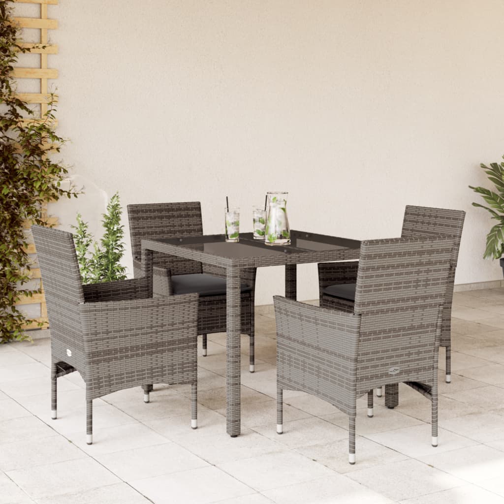 5-tlg. Garten-Essgruppe mit Kissen Grau Poly Rattan und Glas