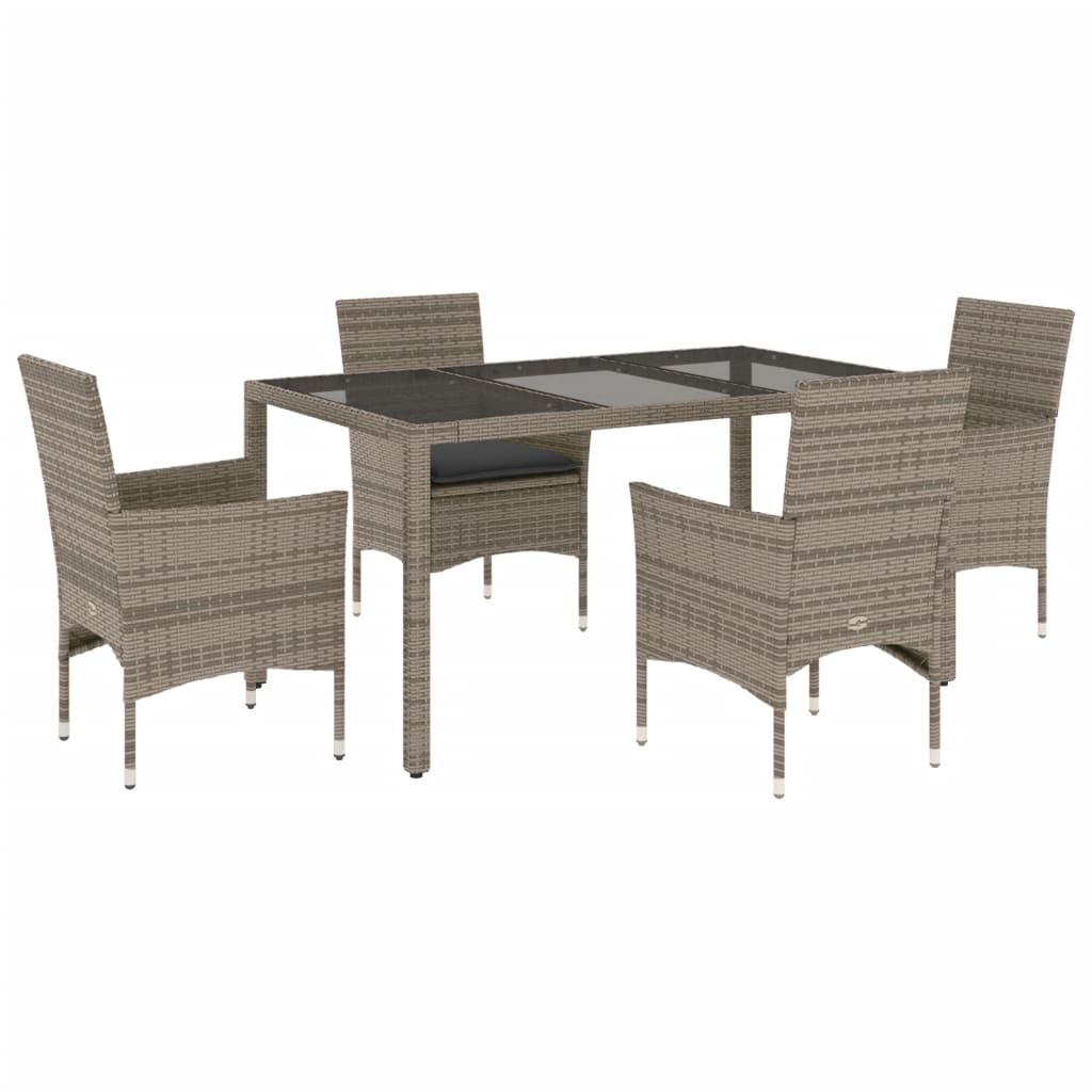 5-tlg. Garten-Essgruppe mit Kissen Grau Poly Rattan und Glas