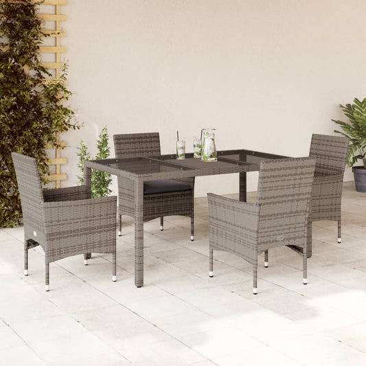 5-tlg. Garten-Essgruppe mit Kissen Grau Poly Rattan und Glas