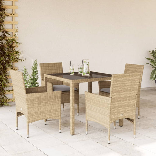 5-tlg. Garten-Essgruppe mit Kissen Beige Poly Rattan und Glas