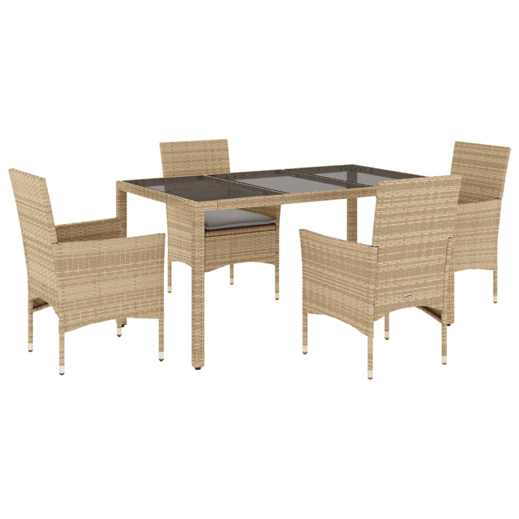 5-tlg. Garten-Essgruppe mit Kissen Beige Poly Rattan und Glas