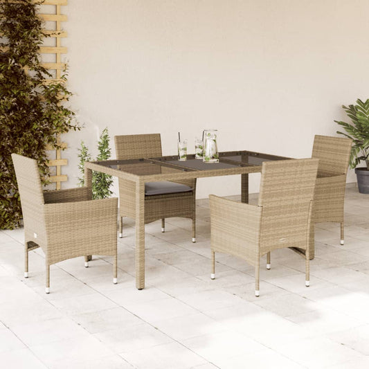 5-tlg. Garten-Essgruppe mit Kissen Beige Poly Rattan und Glas