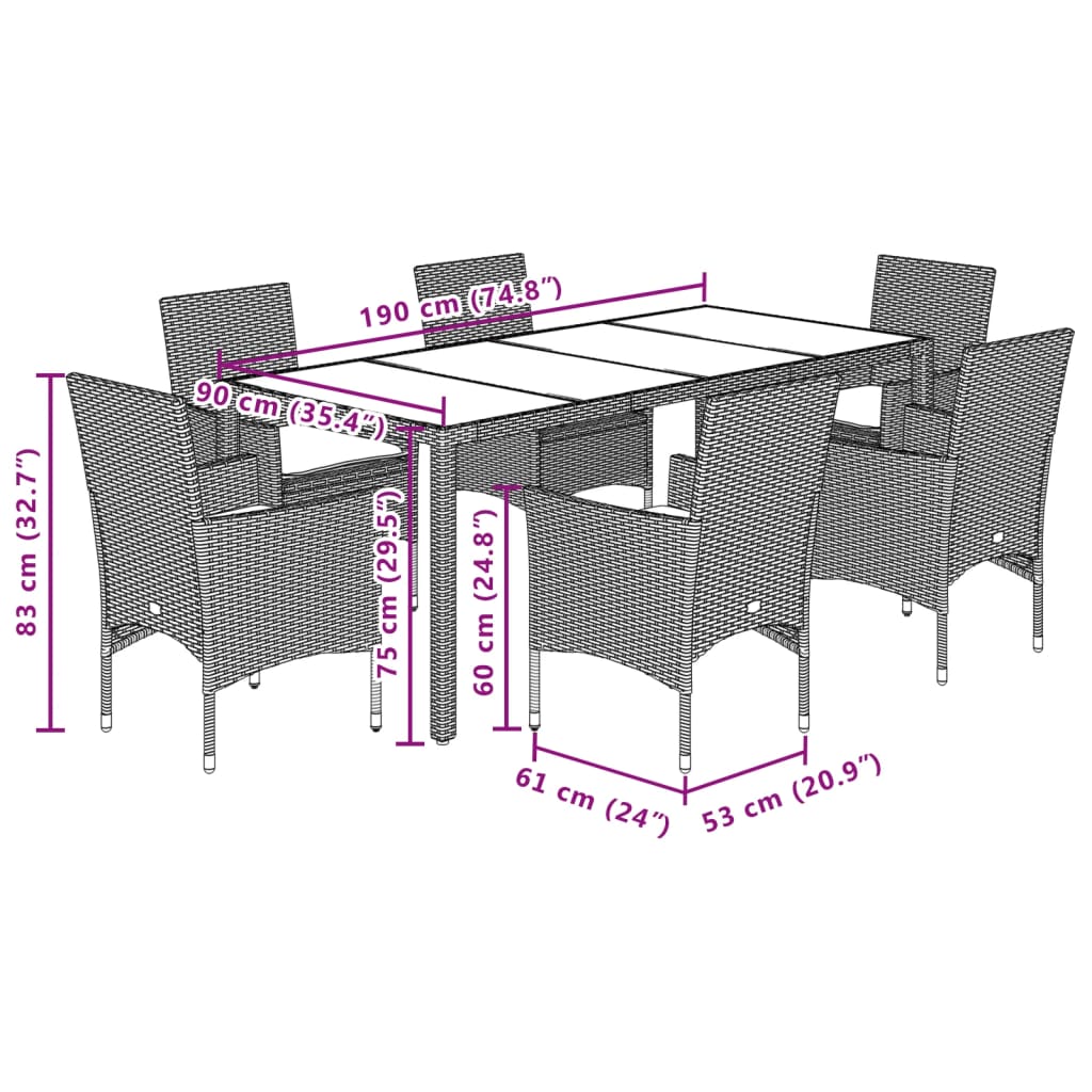 7-tlg. Garten-Essgruppe mit Kissen Beige Poly Rattan und Glas