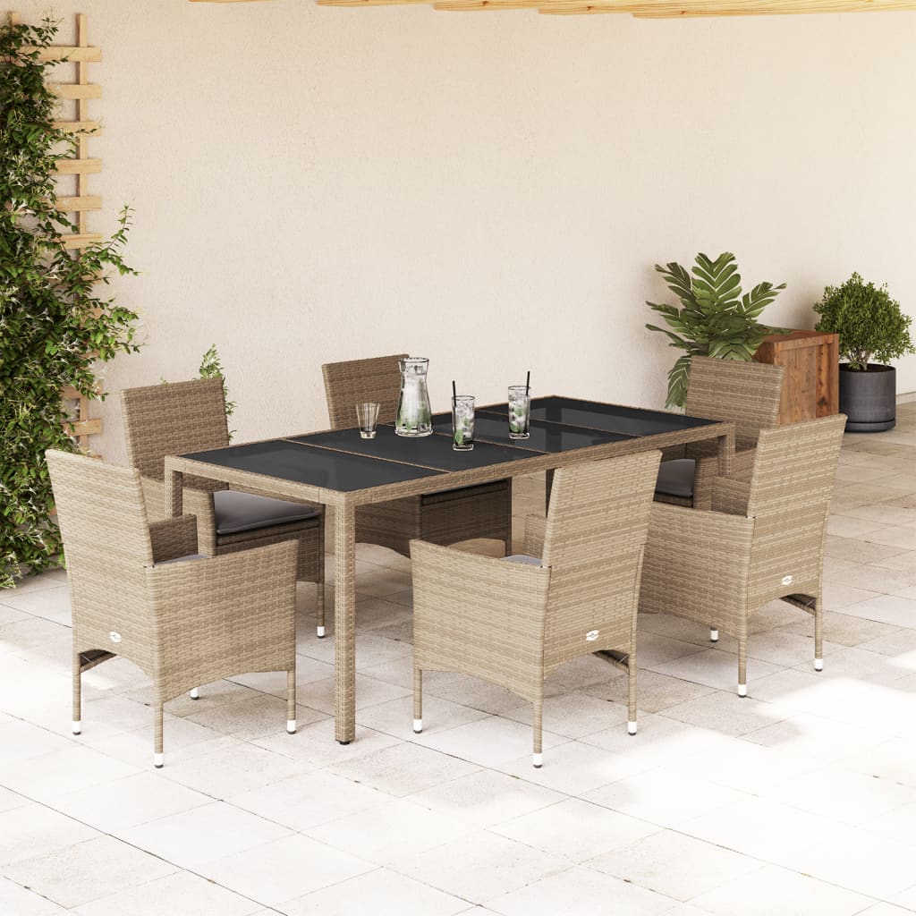 7-tlg. Garten-Essgruppe mit Kissen Beige Poly Rattan und Glas