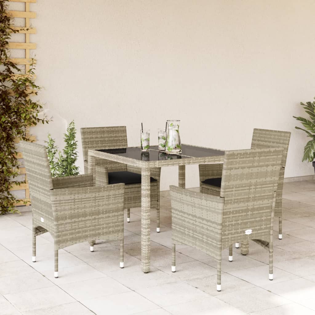 5-tlg. Garten-Essgruppe mit Kissen Hellgrau Poly Rattan Glas