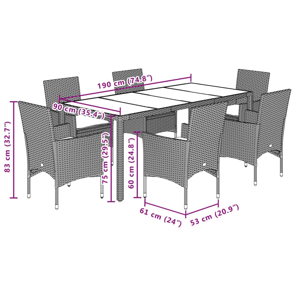 7-tlg. Garten-Essgruppe mit Kissen Hellgrau Poly Rattan & Glas